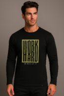 Men’s black full sleeve regular fit “Word Hard” printed t-shirt by Onita