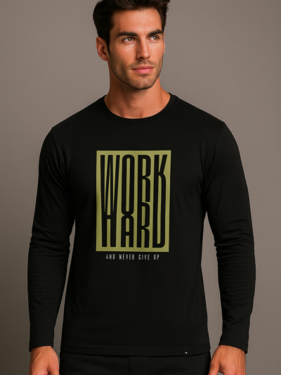 Men’s black full sleeve regular fit “Word Hard” printed t-shirt by Onita