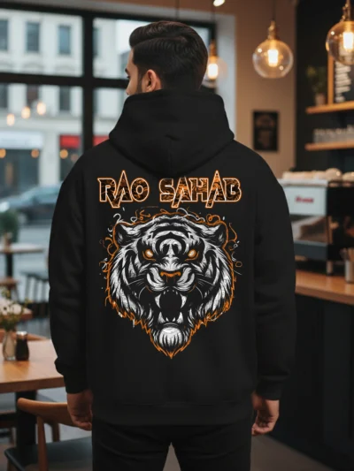 Onita Rao Sahab Yadav black unisex cotton hoodie with bold printed design