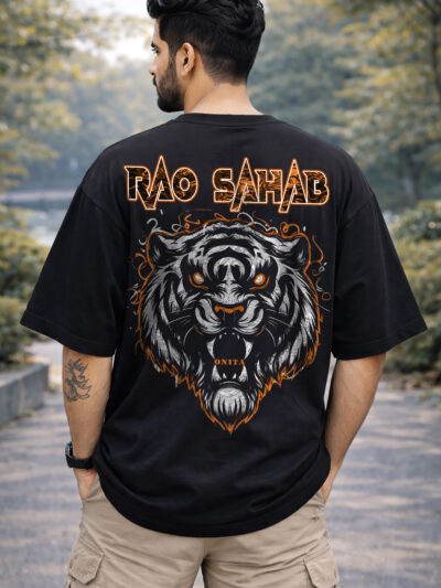 Rao Sahab Printed Black Oversized T Shirt Front View ONITA Rao Sahab Oversized T Shirt Black Design Royal Attitude Rao Sahab Printed Oversized Tee Premium Cotton Rao Sahab Streetwear T Shirt India
