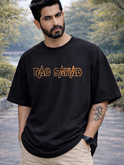 Rao Sahab Printed Black Oversized T Shirt Front View ONITA Rao Sahab Oversized T Shirt Black Design Royal Attitude Rao Sahab Printed Oversized Tee Premium Cotton Rao Sahab Streetwear T Shirt India