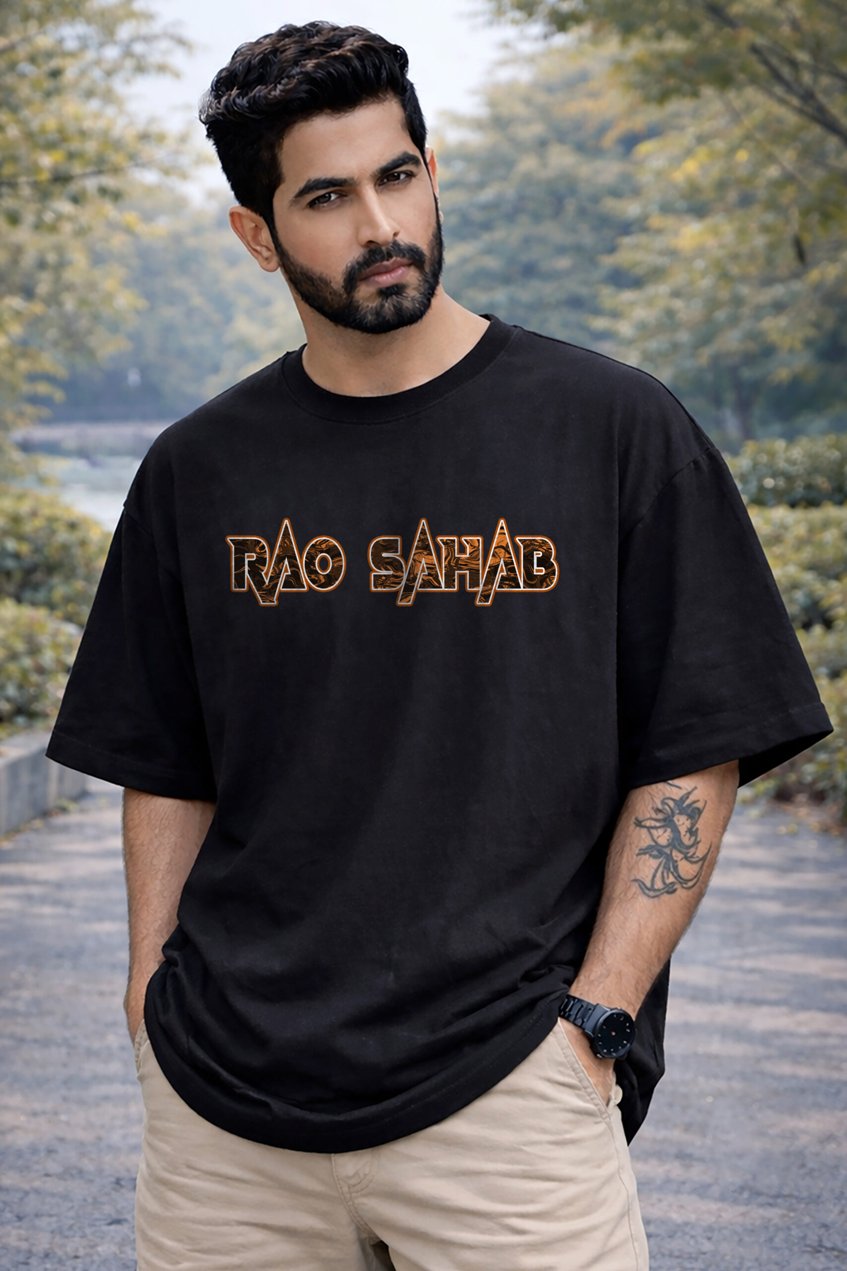Rao Sahab Printed Black Oversized T Shirt Front View ONITA Rao Sahab Oversized T Shirt Black Design Royal Attitude Rao Sahab Printed Oversized Tee Premium Cotton Rao Sahab Streetwear T Shirt India