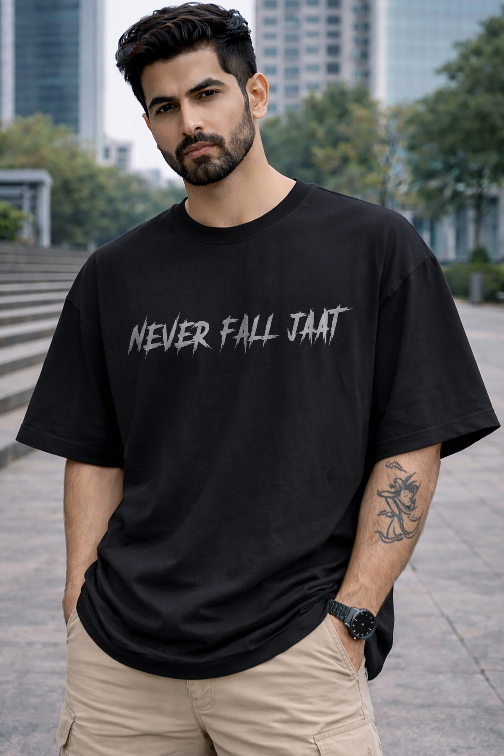 Never Fall Jaat Oversized T Shirt Front View ONITA Jaat Printed Oversized T Shirt Black Front Design Premium Streetwear Jaat Oversized T Shirt Men Jaat Sidhu Printed Oversized T Shirt Back Design Jaat Attitude Sidhu Inspired Oversized T Shirt India ONITA Streetwear Oversized T Shirt Back Print