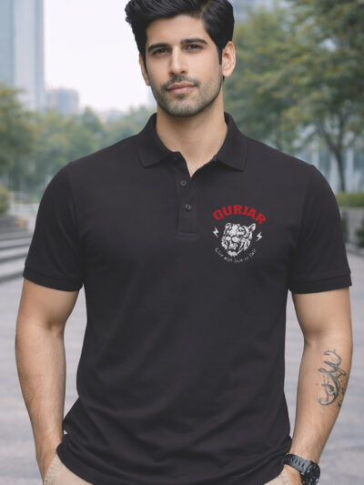Gurjar Printed Premium Collar Polo T Shirt Front View ONITA Gurjar Royal Collar Polo T Shirt Close Look Gurjar Attitude Printed Polo T Shirt Men Fashion Premium Cotton Gurjar Polo Collar T Shirt India
