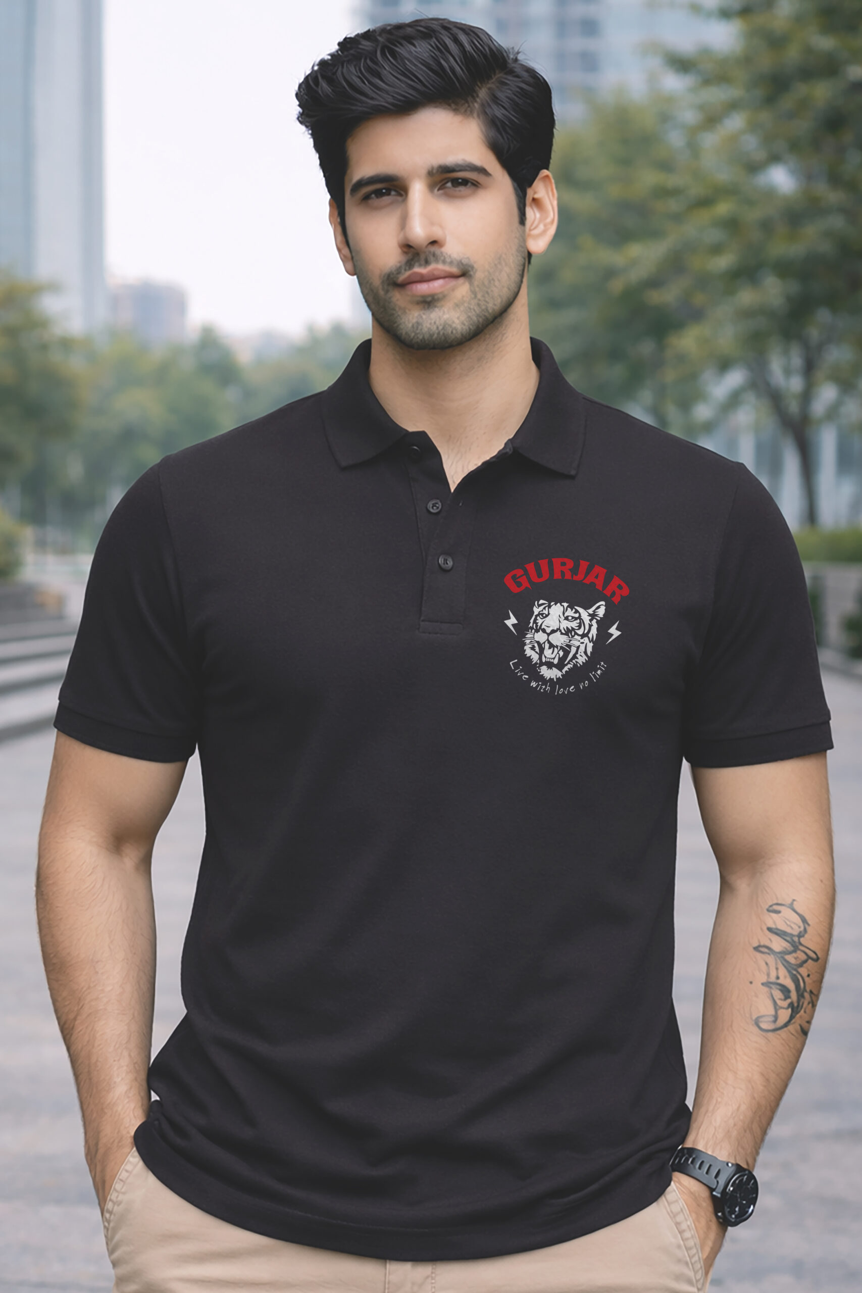 Gurjar Printed Premium Collar Polo T Shirt Front View ONITA Gurjar Royal Collar Polo T Shirt Close Look Gurjar Attitude Printed Polo T Shirt Men Fashion Premium Cotton Gurjar Polo Collar T Shirt India