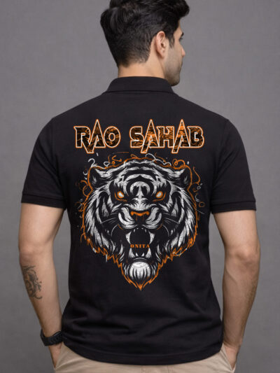 Rao Sahab Printed Premium Collar Polo T Shirt Black Front View ONITA Rao Sahab Royal Collar Polo T Shirt Close Look Premium Cotton Rao Sahab Polo T Shirt Men Fashion Rajput Style Rao Sahab Printed Polo T Shirt India