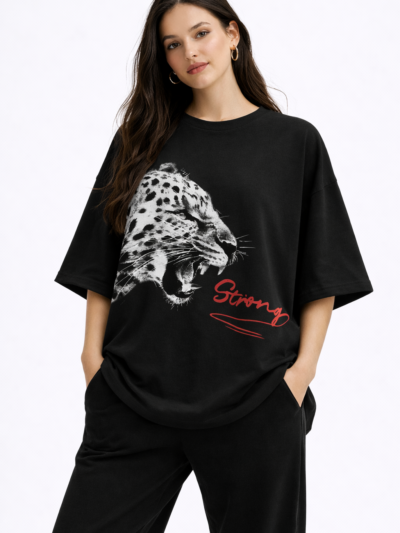 Unisex oversized white t-shirt with strong leopard graphic print front view