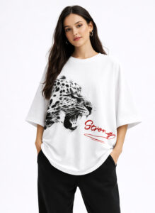 Unisex oversized white t-shirt with strong leopard graphic print front view