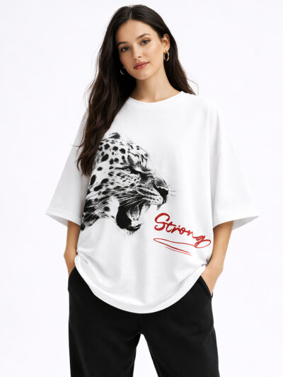 Unisex oversized white t-shirt with strong leopard graphic print front view