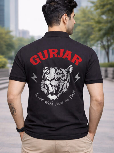 Gurjar Printed Premium Collar Polo T Shirt Front View ONITA Gurjar Royal Collar Polo T Shirt Close Look Gurjar Attitude Printed Polo T Shirt Men Fashion Premium Cotton Gurjar Polo Collar T Shirt India