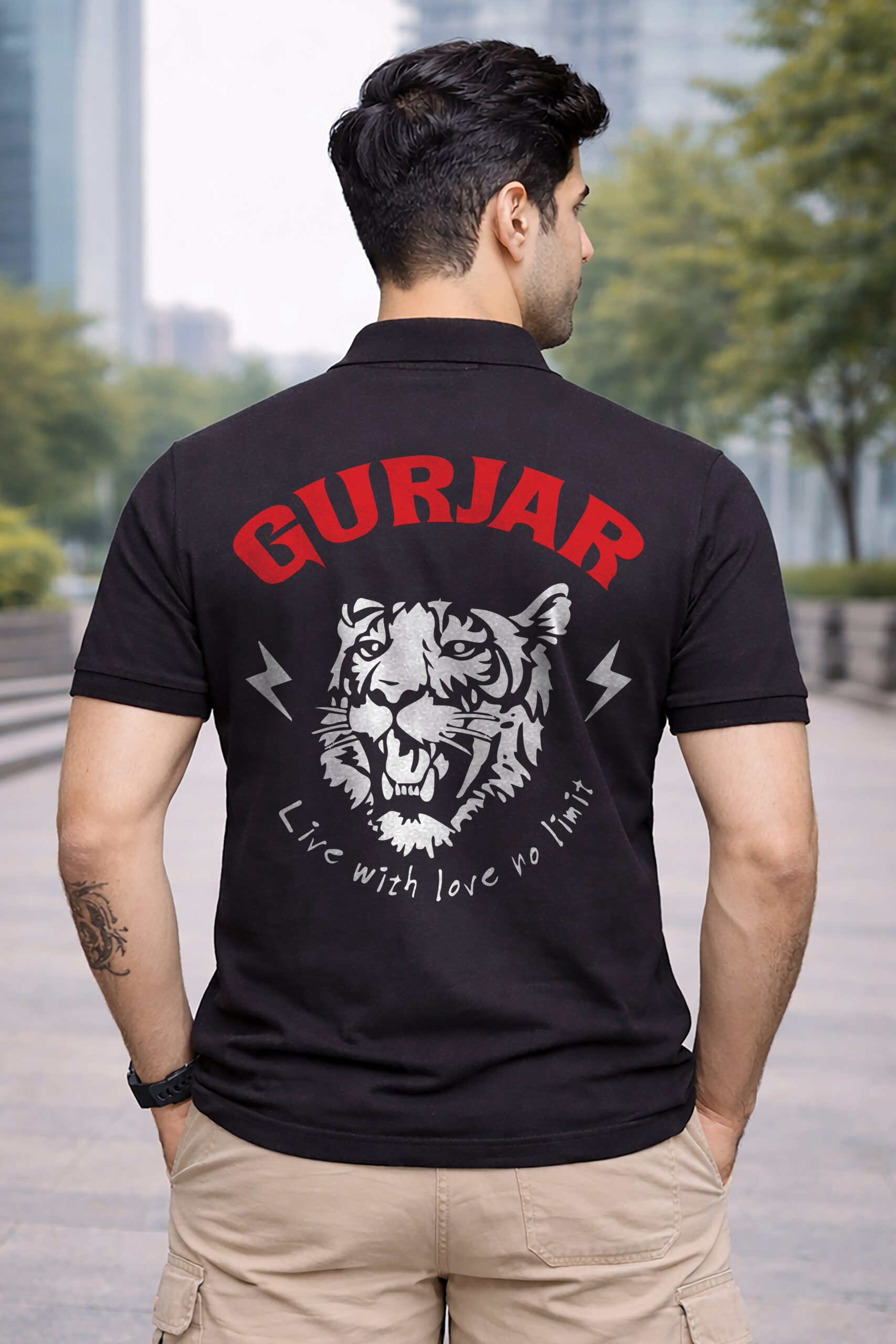 Gurjar Printed Premium Collar Polo T Shirt Front View ONITA Gurjar Royal Collar Polo T Shirt Close Look Gurjar Attitude Printed Polo T Shirt Men Fashion Premium Cotton Gurjar Polo Collar T Shirt India