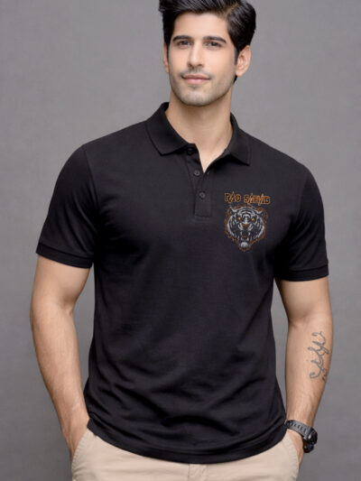 Rao Sahab Printed Premium Collar Polo T Shirt Black Front View ONITA Rao Sahab Royal Collar Polo T Shirt Close Look Premium Cotton Rao Sahab Polo T Shirt Men Fashion Rajput Style Rao Sahab Printed Polo T Shirt India
