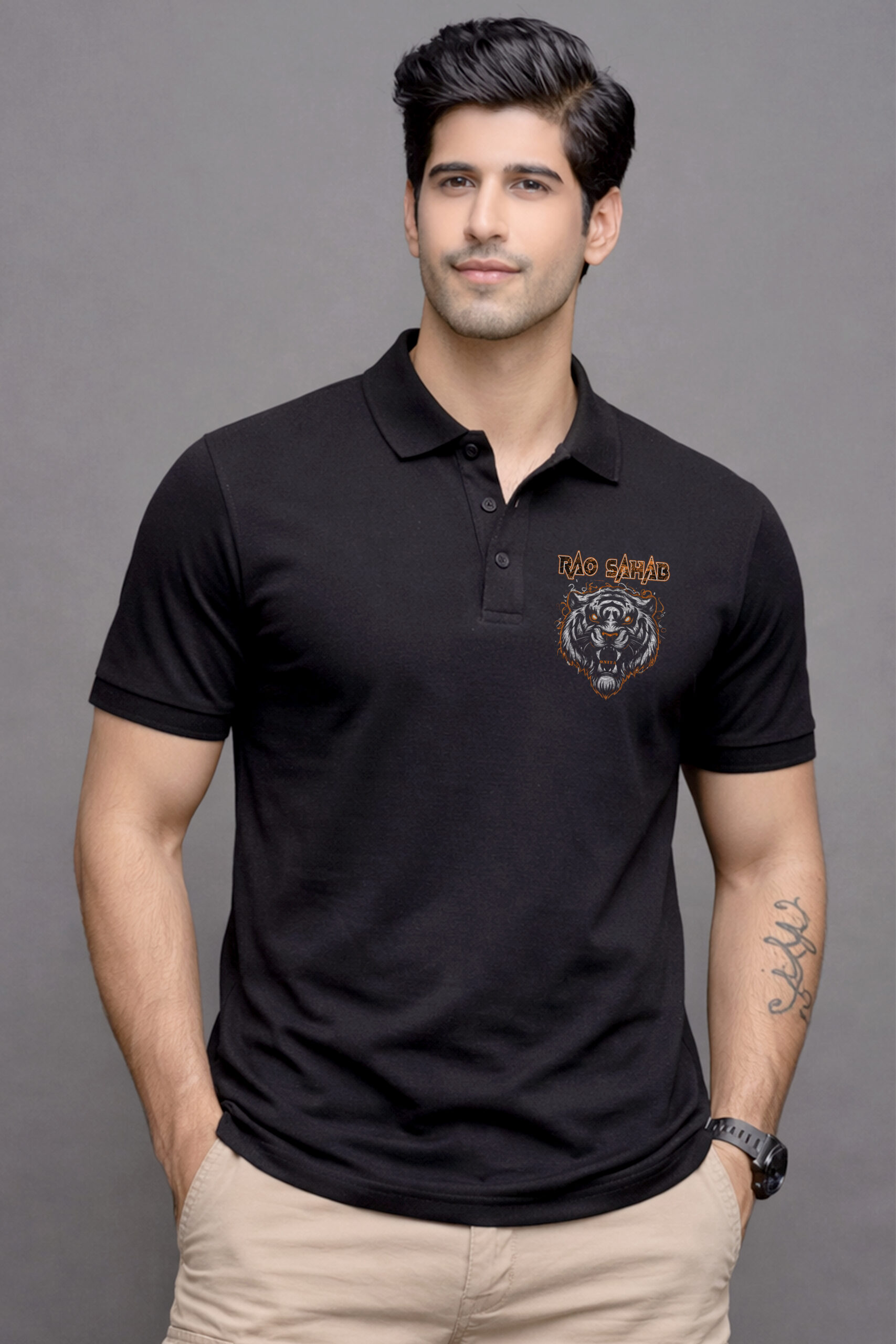 Rao Sahab Printed Premium Collar Polo T Shirt Black Front View ONITA Rao Sahab Royal Collar Polo T Shirt Close Look Premium Cotton Rao Sahab Polo T Shirt Men Fashion Rajput Style Rao Sahab Printed Polo T Shirt India